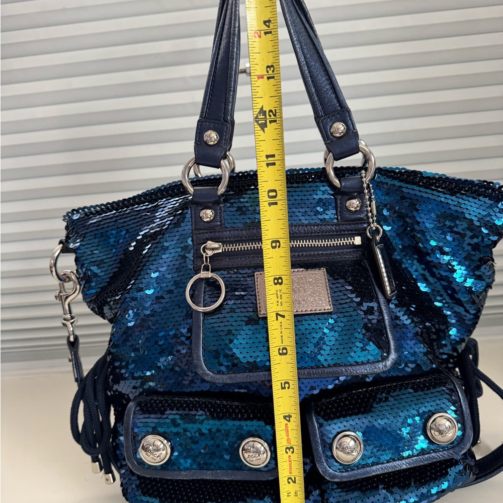 Sequined Navy Blue Women’s Tote Bag with Front Pockets - Picture 4 of 7